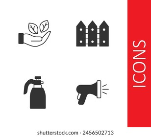 Set Manguera de jardín, hoja en mano, rociador para agua y cerca icono de madera. Vector