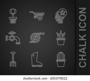 Set Garden hose, Rubber gloves, Cactus peyote in pot, Plant, rake, Water tap, Human head with flower inside and Flower tulip icon. Vector
