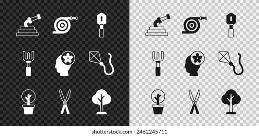 Set Garden hose, Shovel, Forest, Gardening handmade scissors, rake and Human head with flower inside icon. Vector