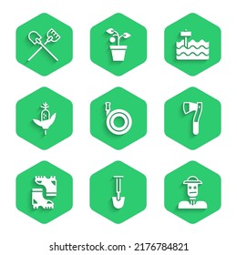 Set Garden hose, Shovel, Scarecrow, Wooden axe, Waterproof rubber boot, Corn, bed and  icon. Vector