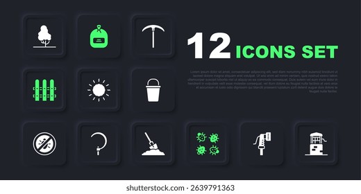 Set Garden hose, Well, Sun, Colorado beetle, fence wooden, Sickle, Pack full of seeds and Shovel in the ground icon. Vector
