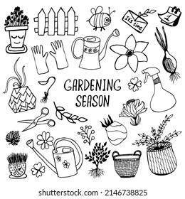 Set of garden icons hand drawn doodle elements such as flower, seed, fence and more. Vector illustration isolated on white background. Gardening season concept.