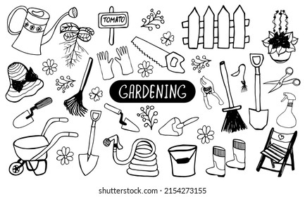 Set of garden icons hand drawn doodle elements such as shovel, seed, fence, saw and more. Vector illustration isolated on white background. Gardening season concept.