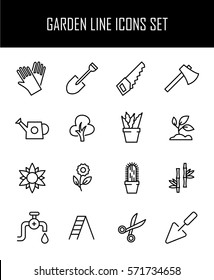 Set of garden icons in modern thin line style. High quality black outline green symbols for web site design and mobile apps. Simple garden pictograms on a white background.