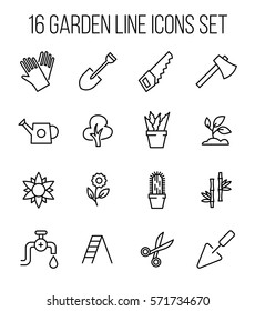 Set of garden icons in modern thin line style. High quality black outline green symbols for web site design and mobile apps. Simple garden pictograms on a white background.