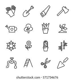 Set of garden icons in modern thin line style. High quality black outline green symbols for web site design and mobile apps. Simple garden pictograms on a white background.