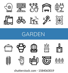 Set of garden icons. Such as Hand glove, Pesticide, Shovel, Tractor, Vase, Plant tree, Pergola, Blower, Bio, Seeds, Pot, Peas, Glove, Cactus, Watering can, Plant , garden icons