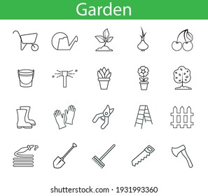 set with garden icons vector simple thin line drawing abstract logo icon isolated black on white background