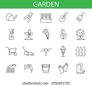 set with garden icons vector simple thin line drawing abstract  icon isolated black on white background