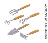 set of garden instruments, tool kit, hand fork,trowel, rake and hoe, isolated at white background, hand drawn illustration