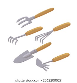 set of garden instruments, tool kit, hand fork,trowel, rake and hoe, isolated at white background, hand drawn illustration