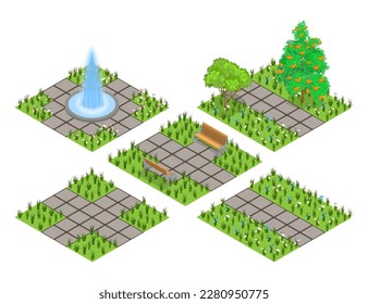 Set of garden isometric tiles. Isolated isometric tiles for park or garden landscape design. Cartoon or game asset with grass, trees, flowers, paved paths, benches, garden fountain. Vector 