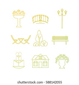 Set of garden landscaping flat line icons including house, fountain, street lamp, bench, garden bridge, table and chairs, trees, bushes and flower vases. Linear style symbols isolated on white.
