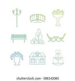 Set of garden landscaping flat line icons including house, fountain, street lamp, bench, garden bridge, table and chairs, trees, bushes and flower vases. Linear style symbols isolated on white.