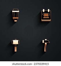 Set Garden light lamp, Blacksmith anvil tool, Sledgehammer and Hammer icon with long shadow. Vector