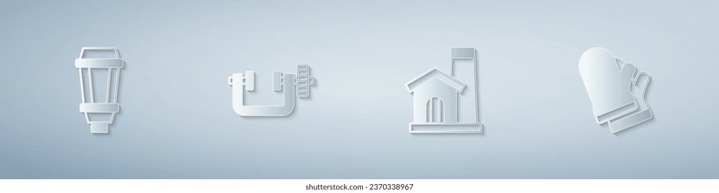 Set Garden light lamp, Clamp and screw tool, Smithy workshop interior and Protective gloves. Paper art style. Vector