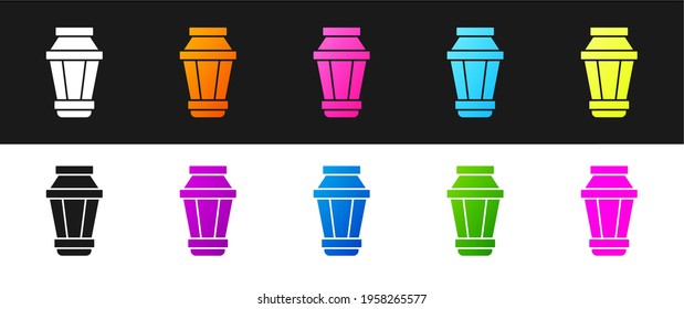 Set Garden light lamp icon isolated on black and white background. Solar powered lamp. Lantern. Street lamp.  Vector Illustration