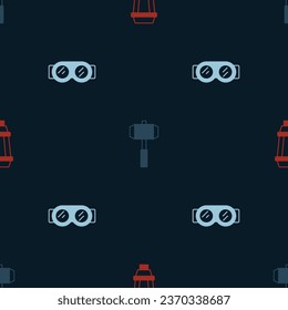 Set Garden light lamp, Sledgehammer and Welding glasses on seamless pattern. Vector