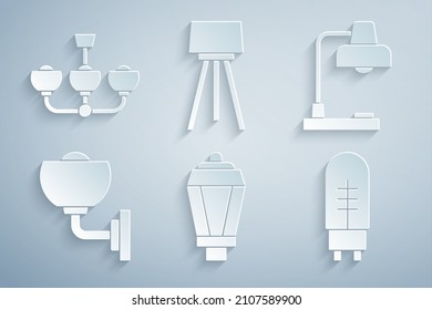 Set Garden Light Lampe, Table, Wall or Sconce, Light Ed Diode, Floor and Chandelier Icon. Vektorgrafik