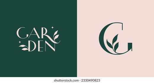 Un conjunto de logos de jardín, una palabra y un monograma con hojas en estilo minimalista.