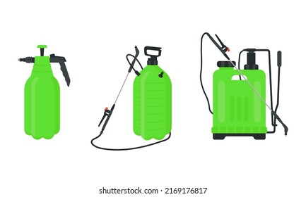 Set of garden manual plastic sprayers, manual and knapsack. To control weeds and garden pests. Vector illustration.	
