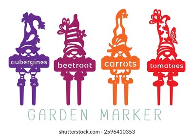 Set of Garden markers for vegetable crops - aubergines, beetroot, carrots, tomatoes