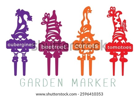 Set of Garden markers for vegetable crops - aubergines, beetroot, carrots, tomatoes