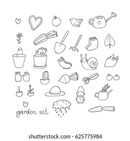 Set of garden objects. Plants, pots and tools for gardening. Vegetables and insects