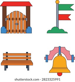 Set of Garden and Park Vector Icons with Gate Bench and Golden Bell