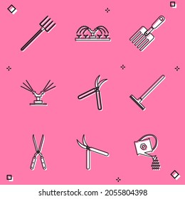 Ponga horquilla de jardinería, rociadores de riego automáticos, tijera de jardinería hecha a mano, rastrillo e icono. Vector