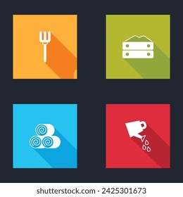 Set Garden pitchfork, Bag of flour, Roll hay and Watering can icon. Vector