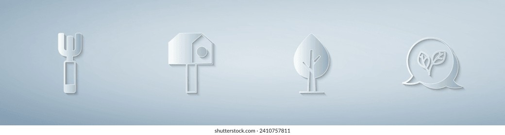 Set Garden pitchfork, Bird house, Tree and Leaf. Paper art style. Vector