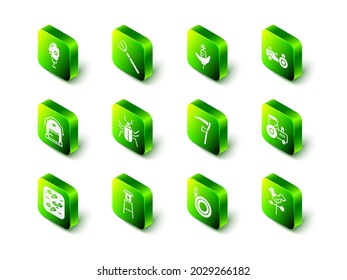 Indique el icono de la horquilla de cocina del jardín, el maíz, el tractor, la vana meteorológica de gallo, Scythe, la manguera y la torre de agua. Vector