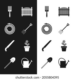 Set Garden pitchfork, hose fire hose, fence, saw, Flower in pot, Watering can and shovel icon. Vector