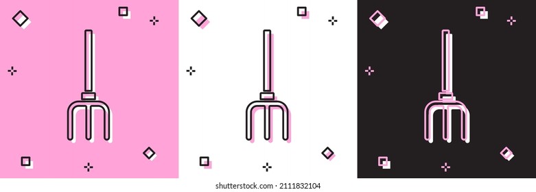Sitúe el icono de la horquilla de cocina del jardín aislado en un fondo negro y rosa y blanco. Señal de horquilla del jardín. Herramienta para horticultura, agricultura, agricultura.  Vector
