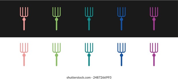 Set Garden Pitchfork Symbol isoliert auf schwarz-weißem Hintergrund. Gartengabel-Zeichen. Werkzeug für Gartenbau, Landwirtschaft, Landwirtschaft.  Vektorgrafik
