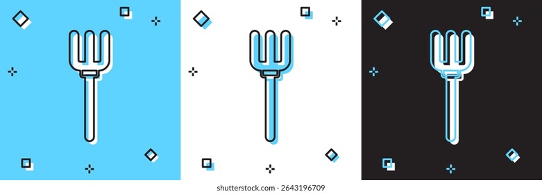 Set Garden pitchfork icon isolated on blue and white, black background. Garden fork sign. Tool for horticulture, agriculture, farming.  Vector