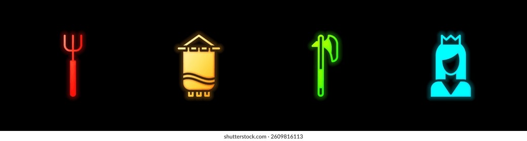 Set Garden pitchfork, Medieval flag, axe and Princess icon. Vector