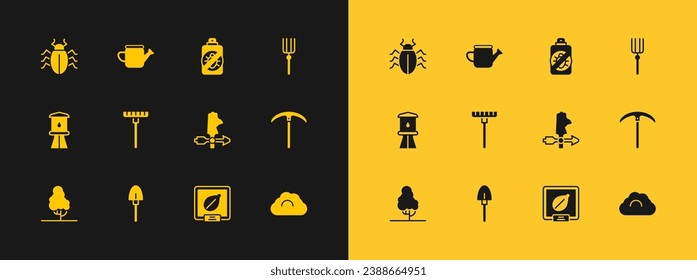 Set Garden pitchfork, Shovel, Rooster weather vane, Seeds of specific plant, rake, Spray against insects, Colorado beetle and Watering can icon. Vector