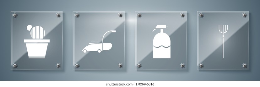 Set Garden pitchfork, Garden sprayer, Lawn mower and Cactus and succulent in pot. Square glass panels. Vector
