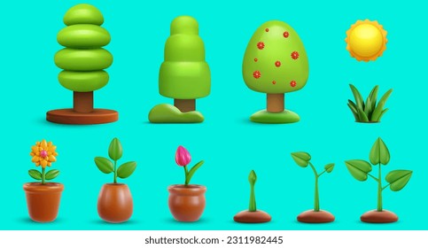 Set garden plants. Collection nature objects on blue background. Tree, sun, grass, flower in pot, green leafs. Bright design elements in 3d realistic style. Modern minimal vector illustration, icon.