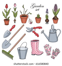 Set of garden plants, flowers, clothing and tools for gardening. Vector contour.