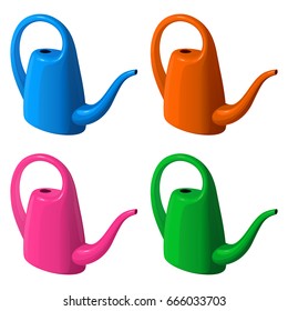 Set of garden plastic watering cans of different colors, on white background.