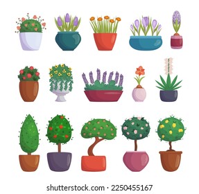 Set of Garden Potted Plants Isolated on White Background. Flowers, Blossoms or Trees Growing in Flowerpots, Street Vases and Pots. Decorative Landscaping Elements. Cartoon Vector Illustration