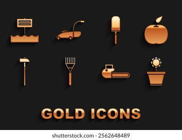 Set Garden rake, Apple, Flower in pot, Chainsaw, Hammer, trowel spade or shovel, Blank wooden sign board and Lawn mower icon. Vector