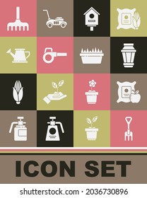 Set Garden rake, Apple in the sack, light lamp, Bird house, Leaf garden blower, Watering can,  and Fresh grass rectangular icon. Vector