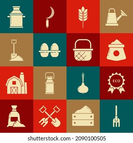 Set Garden rake, Banner, label, tag, logo for eco, Bag of flour, Cereals with rice, wheat, corn, oats, rye, Chicken egg in box, Shovel the ground, Can container milk and Shopping basket icon. Vector