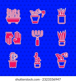 Set Garden rake, Cactus peyote in pot, Flower, Plant, Rubber gloves,  and  icon. Vector