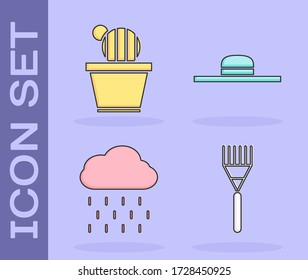 Set Garden rake, Cactus and succulent in pot, Cloud with rain and Worker hat icon. Vector