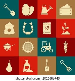 Set Garden rake, Carrot, Sprout, Watering can, Horseshoe, Bag of flour, Shovel and A pack full seeds specific plant icon. Vector